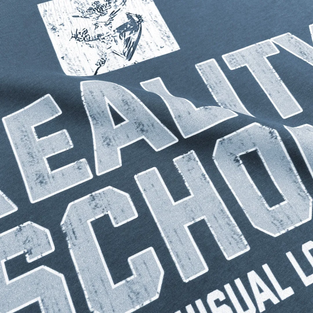Saint Michael SCHOOL niche print distressed retro Vintage loose short-sleeved top with digital white ink direct printing, the fabric is breathable and the pattern is three-dimensional and clear. Fabric: Double yarn 240g Style number: S918 Size: S-M-L-XL Color: Blue Price: P110